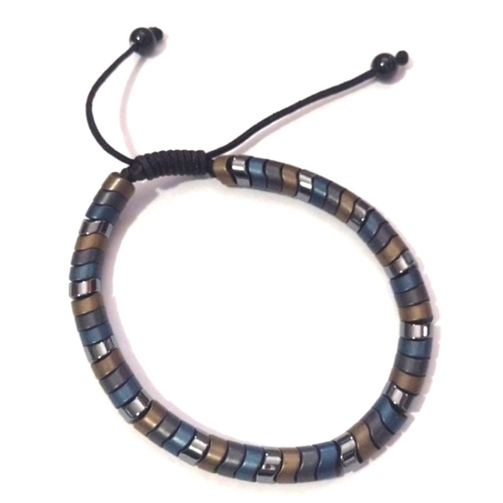 BLUE, TAN HEMATITE UNISEX BLACK CORDED SLIDER ADJUSTABLE 6.5-8.5" BRACELET